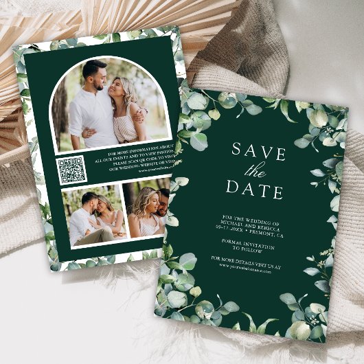 Save The Date Code QR de photo d'eucalyptus Mariage Vert Emeraud