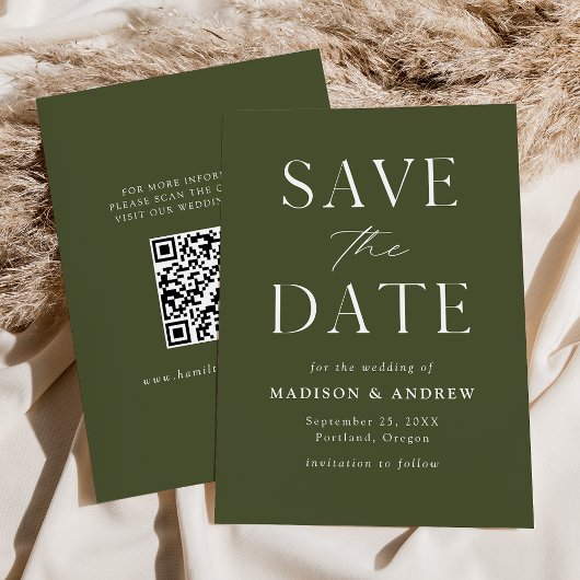 Save The Date Code QR élégant et moderne vert olive