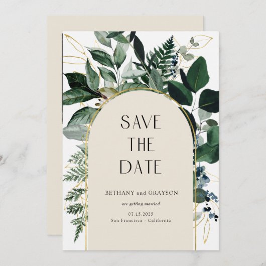 Save The Date Code QR, Élégant Mariage de feuillage botanique be (Devant / Derrière)