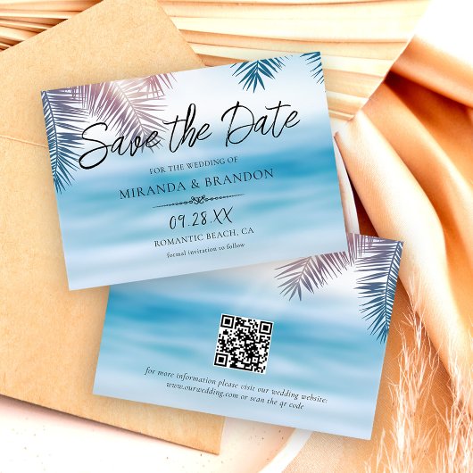 Save The Date Code QR Élégant Mariage Tropical Palmier Océan Pla
