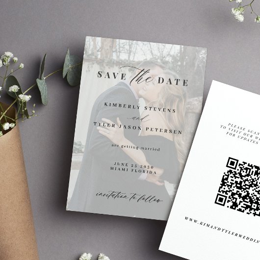 Save The Date Code QR élégant script noir blanc photo mariage