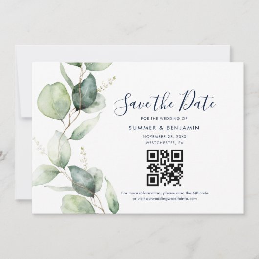 Save The Date Code QR et mariage à la verdure d'eucalyptus (Devant)