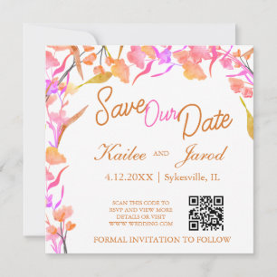 Save The Date Code QR Fleur sauvage rose et orange vif