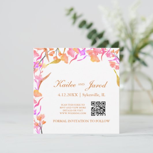 Save The Date Code QR Fleur sauvage simple rose et orange (Debout devant)