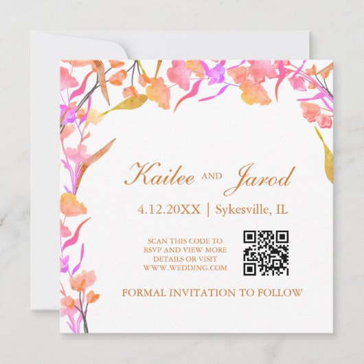 Save The Date Code QR Fleur sauvage simple rose et orange (Devant)