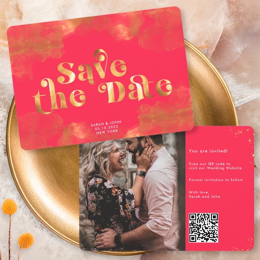 Save The Date Code QR Magenta Élégant Calligraphié en Or