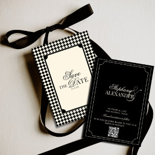 Save The Date Code QR Mariage Argent Ancien Damier Noir & Ivoire