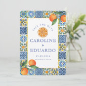 Save The Date Code QR mariage méditerranéen carreau bleu orange (Debout devant)