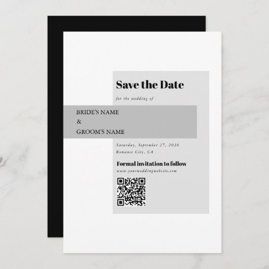 Save The Date Code QR Mariage noir et blanc moderne (Devant / Derrière)