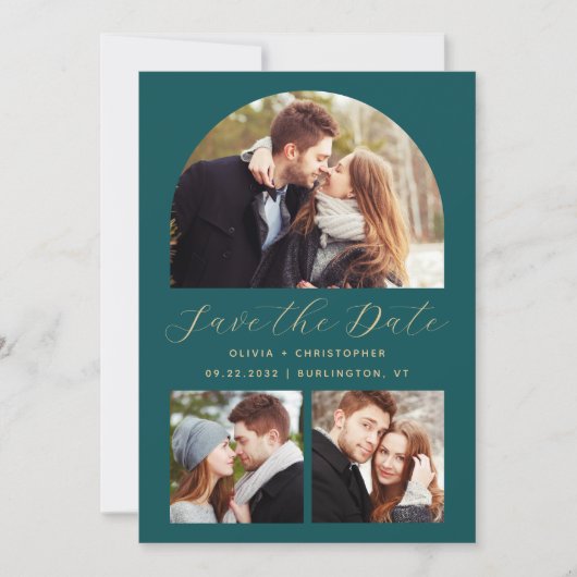 Save The Date Code QR minimum 3-Photo Arch Turquoise Blue Gold (Devant)