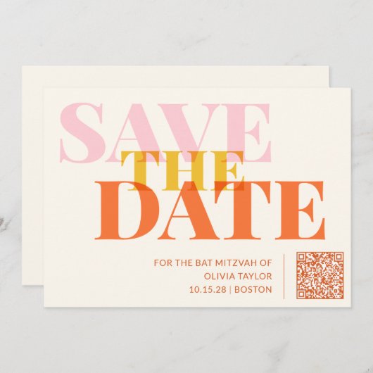 Save The Date Code QR moderne Bat mitzvah rose et orange (Devant / Derrière)