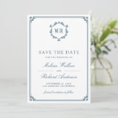 Save The Date Code QR Monogramme Photo Collage Bleu Poussiéreux (Debout devant)