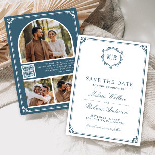 Save The Date Code QR Monogramme Photo Collage Bleu Poussiéreux