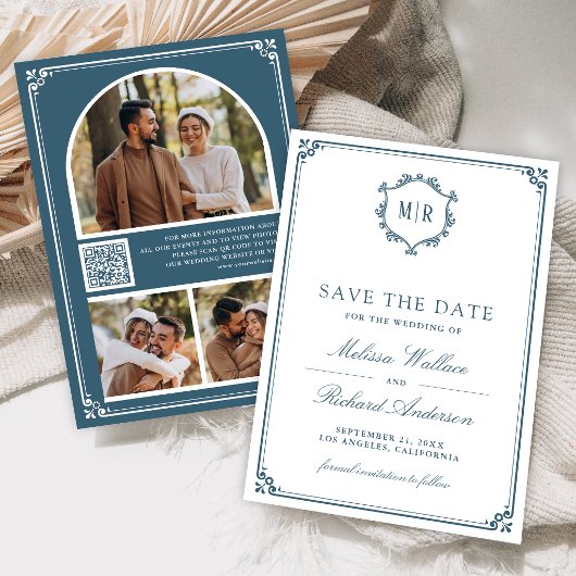 Save The Date Code QR Monogramme Photo Collage Bleu Poussiéreux