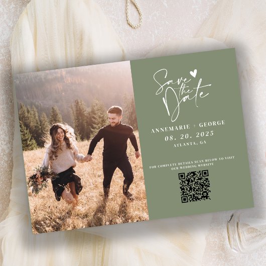 Save The Date Code QR photo calligraphie vert sauge moderne