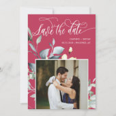 Save The Date Code QR Photo Mariage Feuilles Vertes Magenta Élég (Devant)