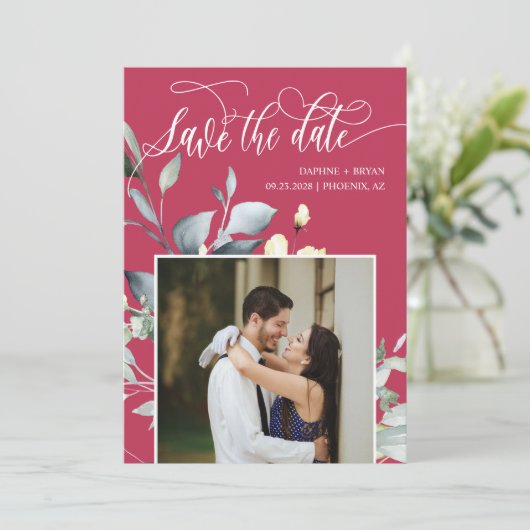 Save The Date Code QR Photo Mariage Feuilles Vertes Magenta Élég (Debout devant)