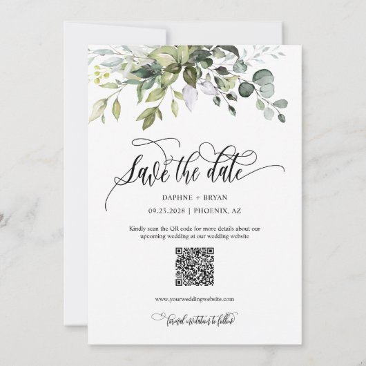 Save The Date Code QR Photo Mariage Feuilles Vertes Magenta Élég (Dos)