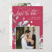 Save The Date Code QR Photo Mariage Feuilles Vertes Magenta Élég (Devant / Derrière)