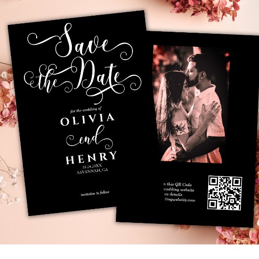 Save The Date Code QR photo noir écriture calligraphique romanti