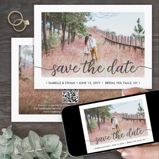 Save The Date Code QR Simple Écriture Manuscrite 2 Photo Mariage