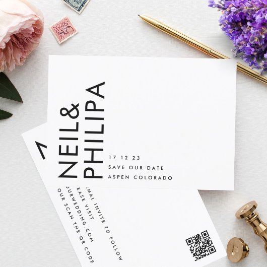 Save The Date Code QR ultra moderne modifiable photo noir blanc