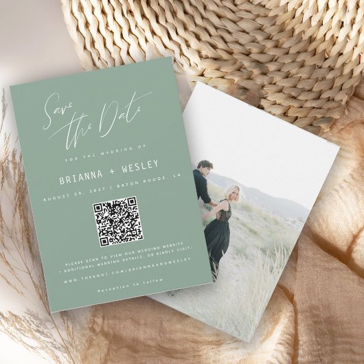 Save The Date Code QR Vert Sauge Moderne Photo Enregistrer la Da