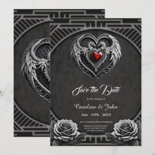 Save The Date Coeur argenté avec ailes. (Devant / Derrière)