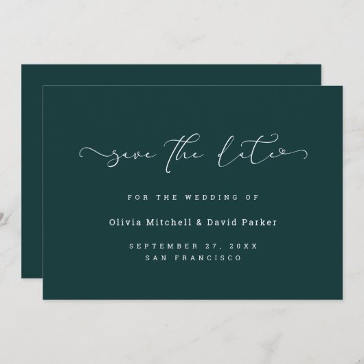 Save The Date Cœur calligraphié | Tél vert foncé riche élégant (Devant / Derrière)
