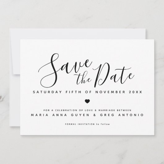 Save The Date Coeur de script simple noir sur mariage photo blan (Devant)