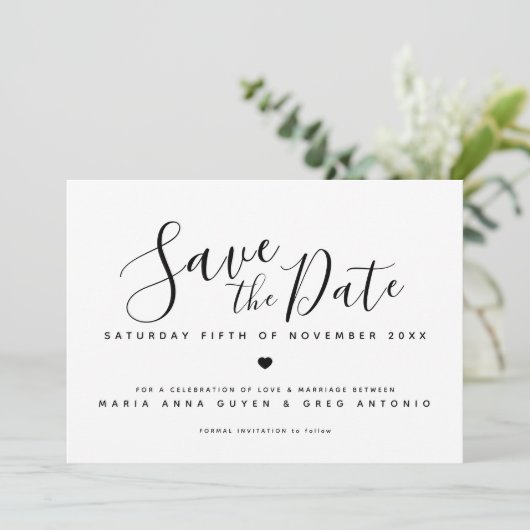 Save The Date Coeur de script simple noir sur mariage photo blan (Debout devant)
