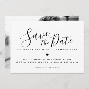 Save The Date Coeur de script simple noir sur mariage photo blan