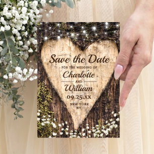 Save The Date Cœur d'écorce de bois Souffle de bébé Mariage Cart