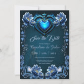 Save The Date Coeur gothique bleu entouré de fleurs magiques (Devant)