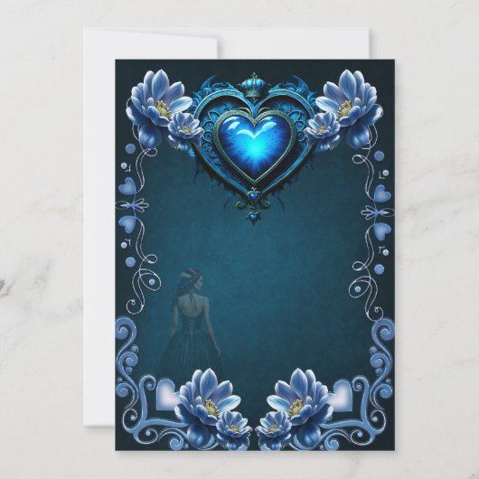 Save The Date Coeur gothique bleu entouré de fleurs magiques (Dos)