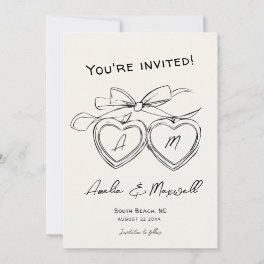 Save The Date Coeur Locket mignonne Monogramme moderne Bow Maria (Devant)