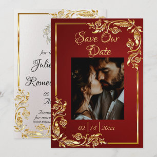 Save The Date Cœur, Photo & Cadre Doré sur Rouge Rubis