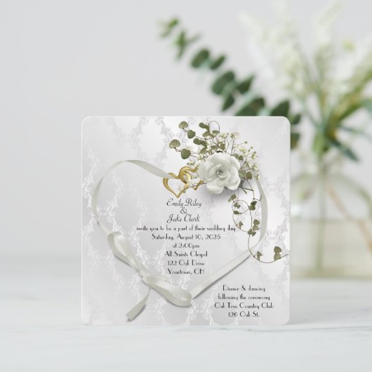 Save The Date Coeur ruban mariage sur damas (Debout devant)