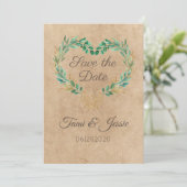 Save The Date Cœur rustique en eucalyptus de campagne (Debout devant)