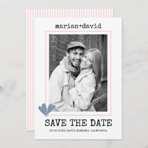 Save The Date Coeurs bleu foncé machine à écrire rose mariage ph