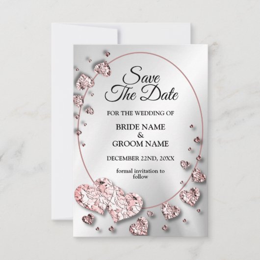 Save The Date Coeurs brillants rose mariage géométrique (Devant)