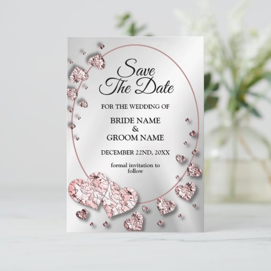 Save The Date Coeurs brillants rose mariage géométrique (Debout devant)