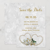 Save The Date Cœurs de perle et fleurs de mariage en damassé Sav (Devant / Derrière)