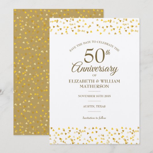 Save The Date Cœurs dorés pour 50e anniversaire de mariage rusti (Devant / Derrière)