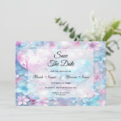 Save The Date Coeurs et fleurs d'Aqua rose Sauvez la date (Debout devant)