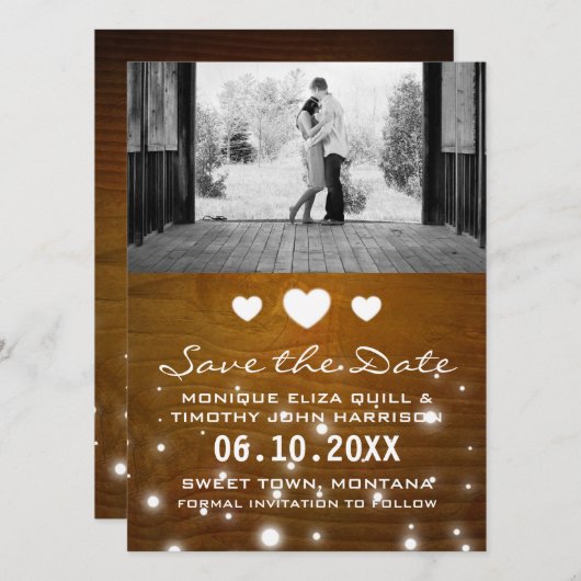 Save The Date Coeurs et lumières Mariage rustique Enregistrer le (Devant / Derrière)