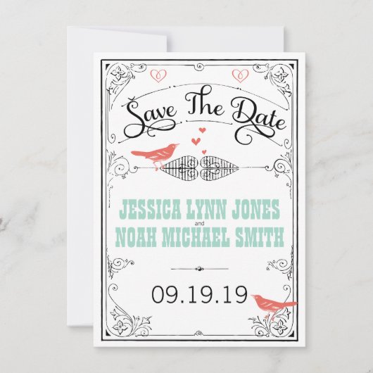 Save The Date Coeurs Inséparables rustiques Mint Coral Enregistr (Devant)