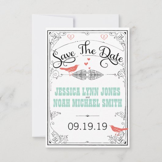 Save The Date Coeurs Inséparables rustiques Mint Coral Enregistr (Devant)