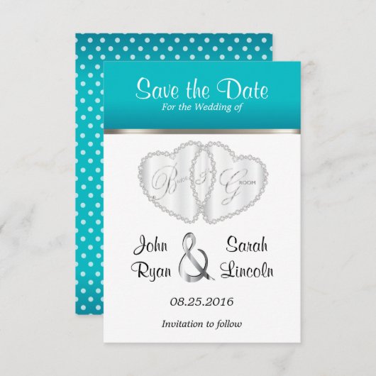 Save The Date Coeurs mariages en Turquoise - Enregistrer la date (Devant / Derrière)