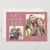 Save The Date Cœurs Mignons 2-Photos Mariage Rose (Devant)